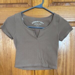 Aeropostale tan Crop T-Shirt with Cut Out